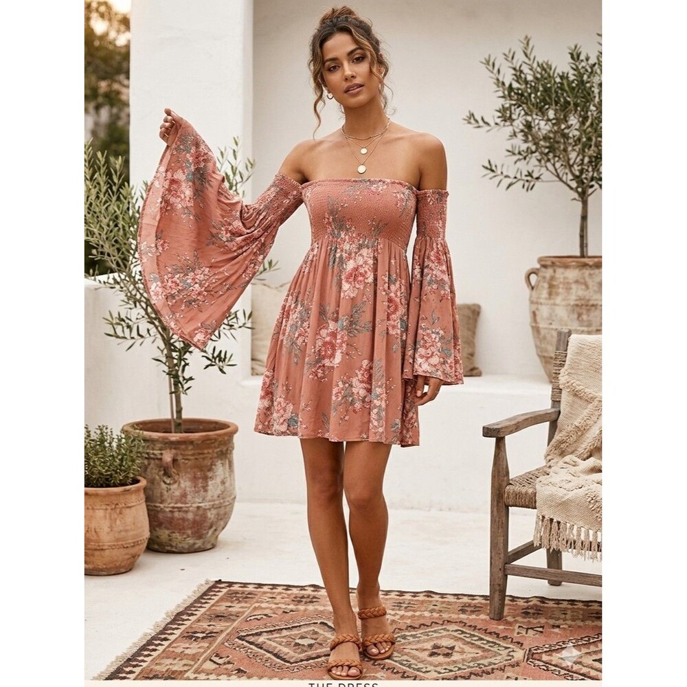 Billabong Floral Off the Shoulder Mini Dress Smocked Bell Sleeve Terracotta S